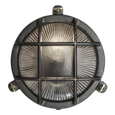 Industville Bulkhead Outdoor & Bathroom Round Wall Light8 InchBlackRibbed Glass from B&Q