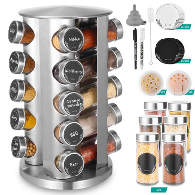 B&Q -  5 Tier Stainless Steel Rotating Spice Rack With 20 Glass Jars Silver