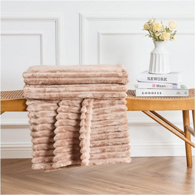 Dyzi Supersoft Ribbed 200X240Cm Jacquard Fleece Throw Blanket  Cozy Sofa & Bed Throw Mink from B&Q