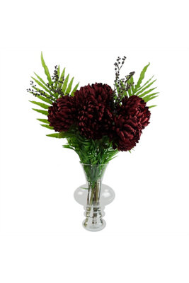 Dyzi Red Artificial Chrysanthemum Palm Flower Arrangement With Vase