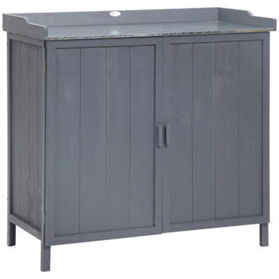 Chilli Seating Chilli Garden Storage Cabinet, Outdoor Tool Shed, Potting Bench Table With Galvanized Top And Two Shelves For Tools, Grey