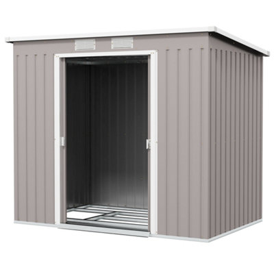 Chilli Seating Chilli Outdoor Lean To Garden Metal Equipment Tool Storage Shed W/ Foundation Kit, Double Door, Vents And Sloped Roof, Grey