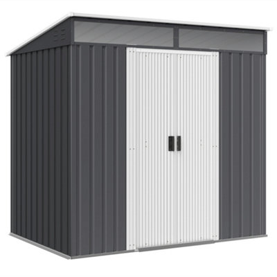 Chilli Seating Chilli 6.5 X 4Ft Galvanised Metal Shed With Foundation Kit, Lockable Tool Garden Shed With Double Sliding Doors, Vents, Grey