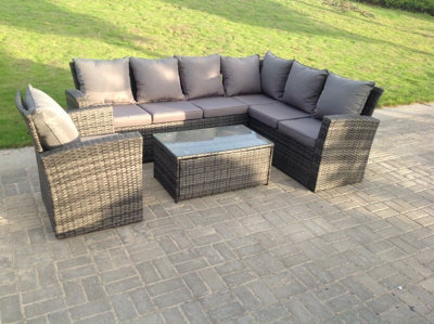 Fimous High Back Rattan Corner Sofa Set Oblong Coffee Table Outdoor Furniture Dark Grey With Chair from B&Q