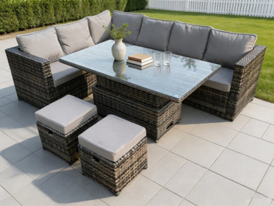 B&Q -  Dark Mixed Grey Pe Rattan Garden Furniture Corner Sofa Set Adjustable Rising Lifting Dining Or Coffee Table  Set 8 Seats