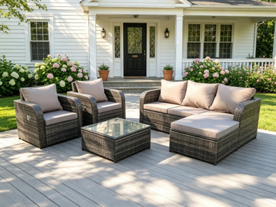 Fimous Wicker Rattan Garden Furniture Set Lounge Sofa Reclining Chair Outdoor Big Footstool 6 Seater Oblong Table Grey