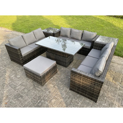Fimous U Shape Rattan Gardern Furniture Dining Sofa Set 2 Side Coffee Table Adjustable Rising Table Extra Big Foostool from B&Q