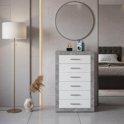 Amos Mann Furniture Greystone Concrete Grey And White High Gloss Tallboy Chest Of Drawers from B&Q
