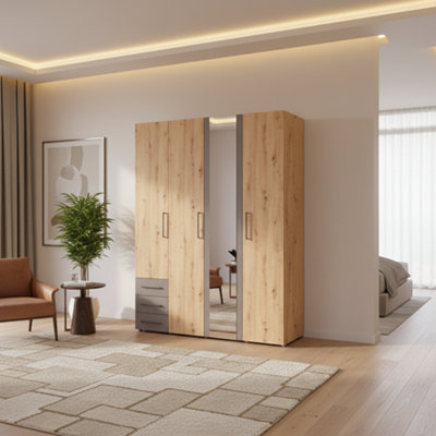 Amos Mann Furniture Belgrade Artisan Oak Effect And Grey 4 Door 3 Drawer Wardrobe 180Cm from B&Q