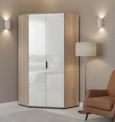 Amos Mann Furniture Cellini 2 Door White Gloss And Oak Corner Wardrobe With Shelves And Hanging Rails from B&Q