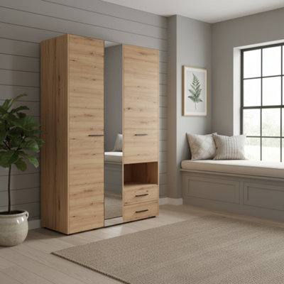 Amos Mann Furniture Althena 3 Door Grey Oak 127.5Cm Wardrobe With Drawers And Mirror from B&Q