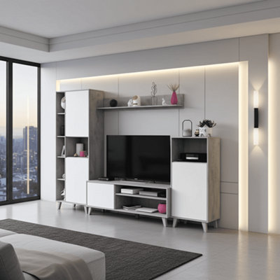 Amos Mann Furniture Enzo White And Concrete Grey Effect Large Tv Entertainment Wall Unit Cabinet from B&Q