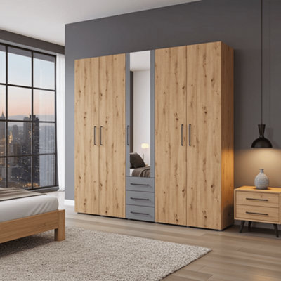 Amos Mann Furniture Belgrade Oak Effect And Grey 5 Door 3 Drawer Wardrobe from B&Q