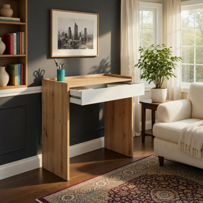 Amos Mann Furniture Petra Artic White And Oak Small Modern Dressing Table With Storage Drawer from B&Q