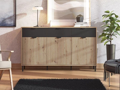 Amos Mann Furniture Mayenne Artisan Oak Effect Slatted And Black 3 Door Sideboard from B&Q