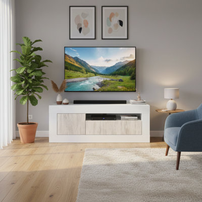 Amos Mann Furniture Aspen Tall Tv Cabinet Entertainment Unit In White With White Wood Effect from B&Q