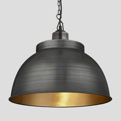 Industville Brooklyn Dome Pendant, 17 Inch, Pewter & Brass, Pewter Chain Holder Black
