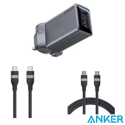 Anker Prime 100W Gan Charger 3 Port Usb-C Usb-A With 0.9M & 1.8M 240W Usb-C Cables Fast Charging Macbook Iphone