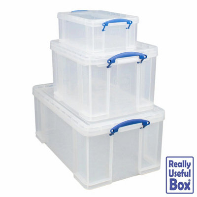 B&Q -  Really Useful Nest Of 3 Storage Boxes 64L 35L 9L Stackable Clip Lock Lids Durable Plastic Storage Containers Multi Size Set