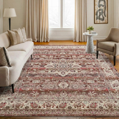 B&Q -  Concept Looms Vintage Kashan Red Rug121 X 173 Cm Traditional Persian Style100% Polypropylene Low Pile 4mm Durable Area Rug