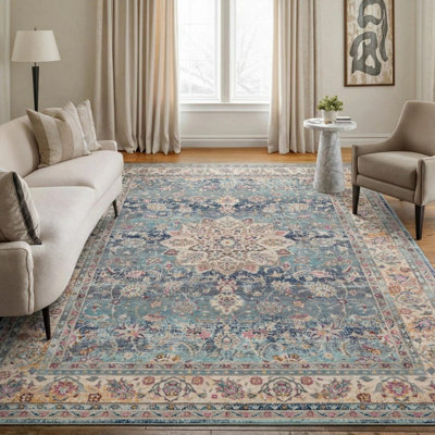 B&Q -  Concept Looms Vintage Kashan Blue Rug 121 X 173 Cm Classic Persian Design 100% Polypropylene Low Pile 4mm Durable Area Rug
