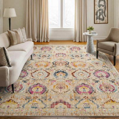 B&Q -  Concept Looms Vintage Kashan Ivory Multi Rug 121 X 173 Cm Elegant Persian Design 100% Polypropylene Low Pile 4mm Durable Area Rug