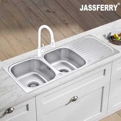 Jassferry Inset Kitchen Sink Stainless Steel Matt Double Bowl Reversible Drainer from B&Q