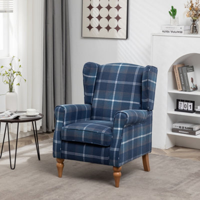 Wingback Tartan Armchair Soft Padded Retro Check Leisure Chair Fabric Lounge For Living Room BedroomBlue from B&Q