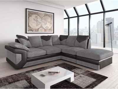 Portland Dino L-Shaped Corner Sofa with Footstool - Black/Grey - Leather - Image 6