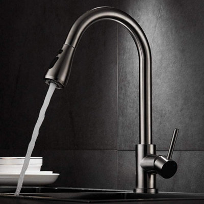 Heable Sleek Brushed Nickel Kitchen Tap Single Handle High Arc With Pull Down Sprayer from B&Q