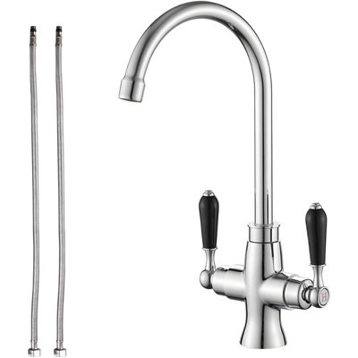 Heable Sleek Kitchen Sink Mixer Tap Black Ceramic Dual Lever Swivel Spout Chrome Finish from B&Q