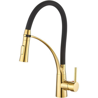 Heable Black/Gold Sleek Pull Down Kitchen Sink Mixer Tap With Dual Function Sprayer And Silicone Hose In Finish