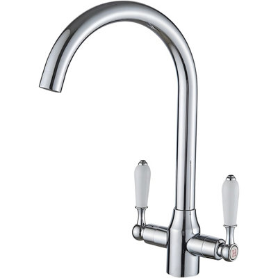 Heable Sleek Kitchen Mixer Tap White Ceramic Dual Lever Monobloc Swivel Spout Chrome Finish from B&Q