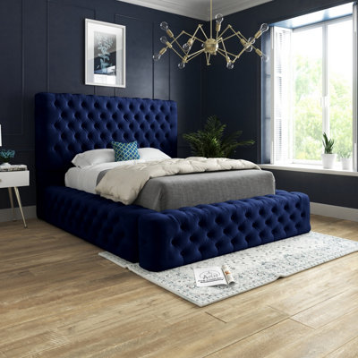 B&Q -  Cambridge Upholstered Soft Plush Blue Velvet Bed Frame 6Ft