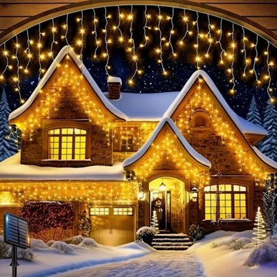 Darphe 30M Solar Powered Led Icicle String Lights With Remote Control,warm Yellow