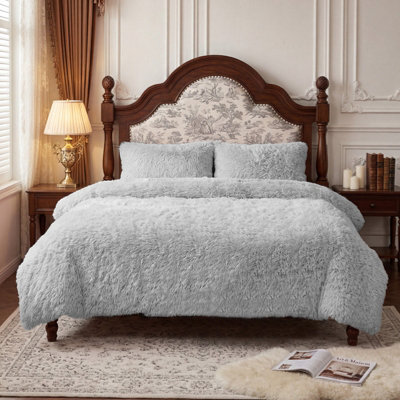 B&Q -  Light Grey 3Pcs Single Side Faux Mink Fleece Bedding Duvet Cover With 2 Pillowcases