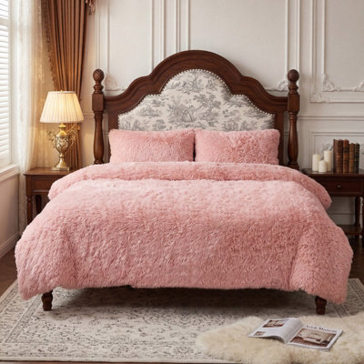 B&Q -  Light Pink 3Pcs King Side Faux Mink Fleece Bedding Duvet Cover With 2 Pillowcases
