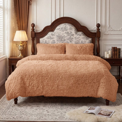 B&Q -  Camel 3Pcs Double Side Faux Mink Fleece Bedding Duvet Cover With 2 Pillowcases