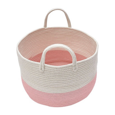 Darphe Pink Woven Basket Baby Kids Toys Storage Clothes Hamper Laundry Basket With Pom Poms from B&Q