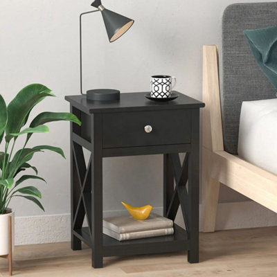 Darphe Vintage Style Black Wooden 1 Drawer Bedside Table With Open Shelf from B&Q