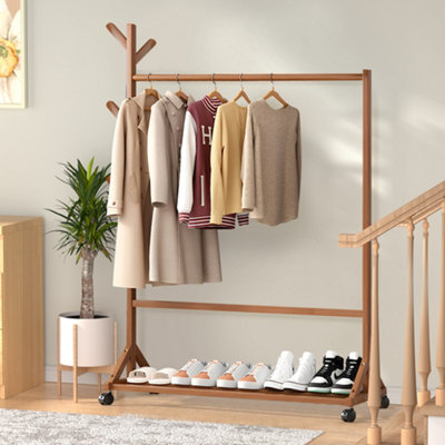 Darphe Brown Bamboo Garment Rack With Wheels And Bottom Shelf from B&Q