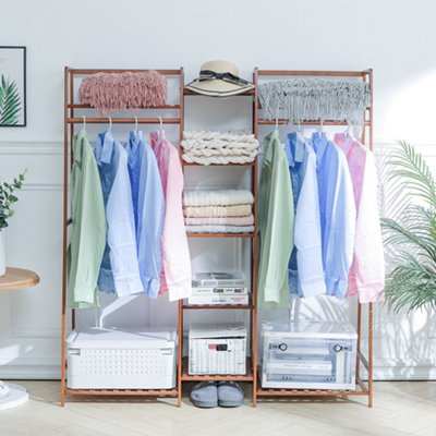 Darphe Freestanding Bamboo Clothing Rack With 5 Tier Storage Shelves Multi-Functional Clothes Hanging Rack Stand from B&Q