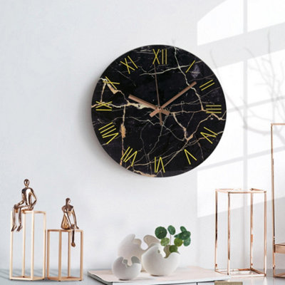 Darphe Round Black Marble Textured Roman Numeral Silent Wall Clock For Home Decor from B&Q