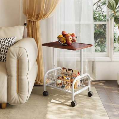 B&Q -  Mobile Side Table With Lower Basket Walnut Top White Frame Lockable Casters 47X35X50Cm