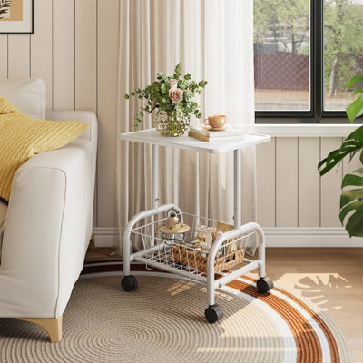 B&Q -  Mobile Side Table With Lower Basket White Top White Frame Lockable Casters 47X35X50Cm