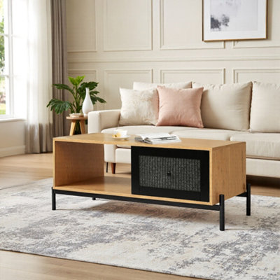B&Q -  Wood Color Coffee Table With Drawer Open Shelf Storage 109X55X44Cm