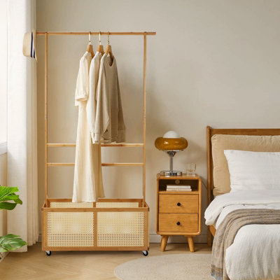 B&Q -  Freestanding Bamboo Clothes Rack With Wheels Woven Rattan Bottom Storage Basket