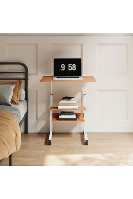B&Q -  Walnut Height Adjustable Mobile Overbed Table With Double Storage Shelves Rolling Casters