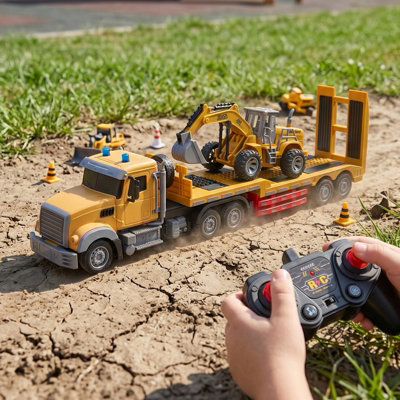 B&Q -  2.4Ghz 6 Channel Rc Semi Trailer Truck With Detachable Excavator Playset Lights And Music