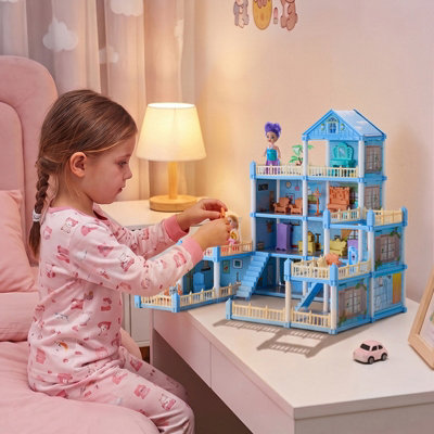 B&Q -  Blue Multi-Story Doll House Playset With Dolls And Furniture Accessories Creative Pretend Play Toy